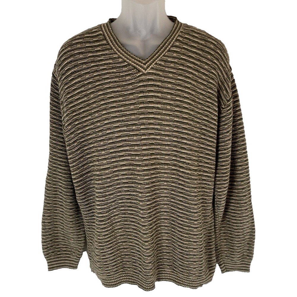Vintage TAG Sport RL‎ Men's L Green str Woven Knit V Neck Pullover Sweater USA
